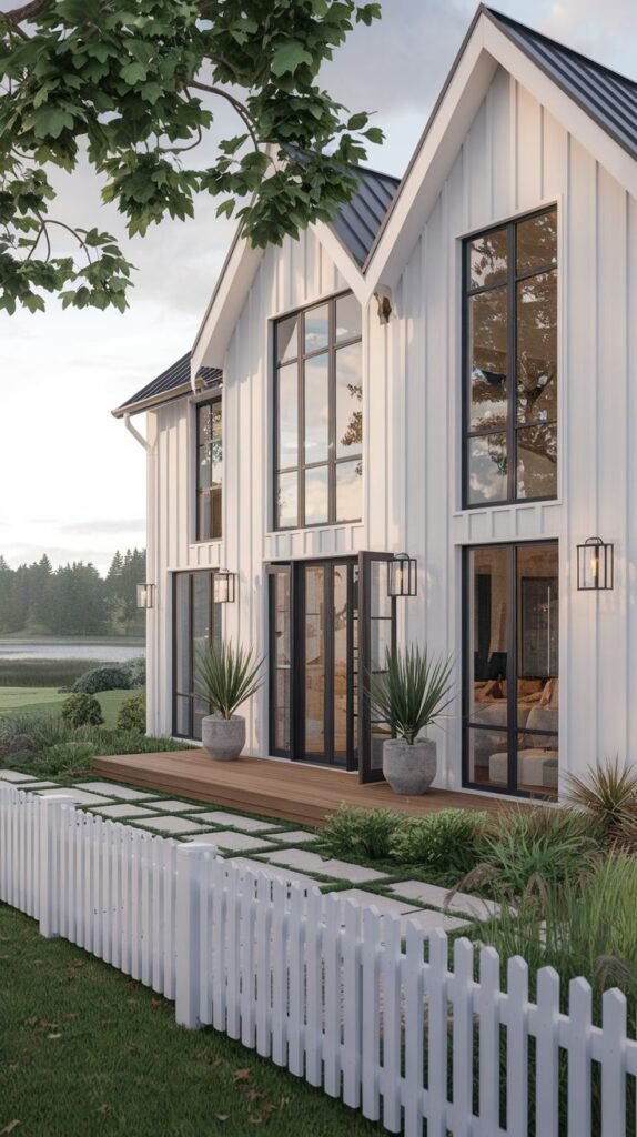 White farmhouse with twin symmetrical gables and a dark roof. A geometric paver walkway leads to a low wooden deck entrance, framed by a curving white picket fence and lush greenery.
