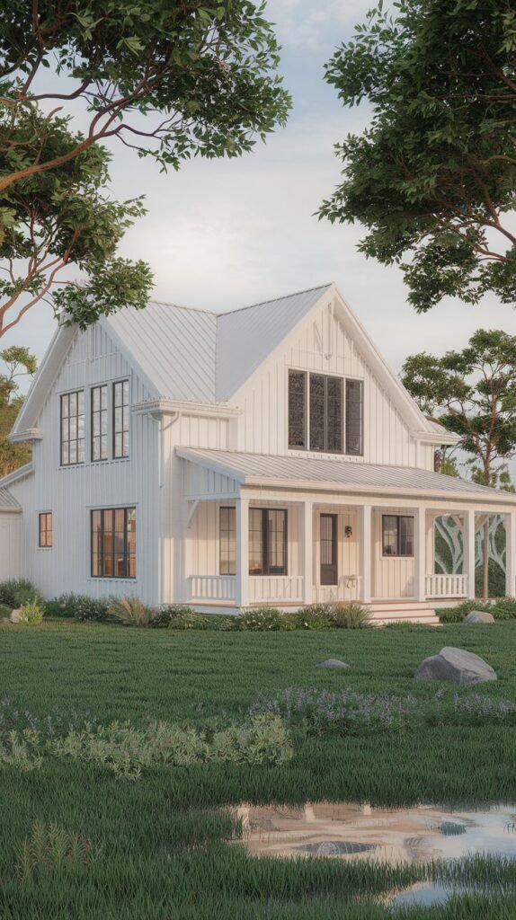 Traditional-style white farmhouse featuring a wide, wrap-around porch supported by white columns. The house has a light metal roof and is set in a spacious, grassy yard with a small pond area.