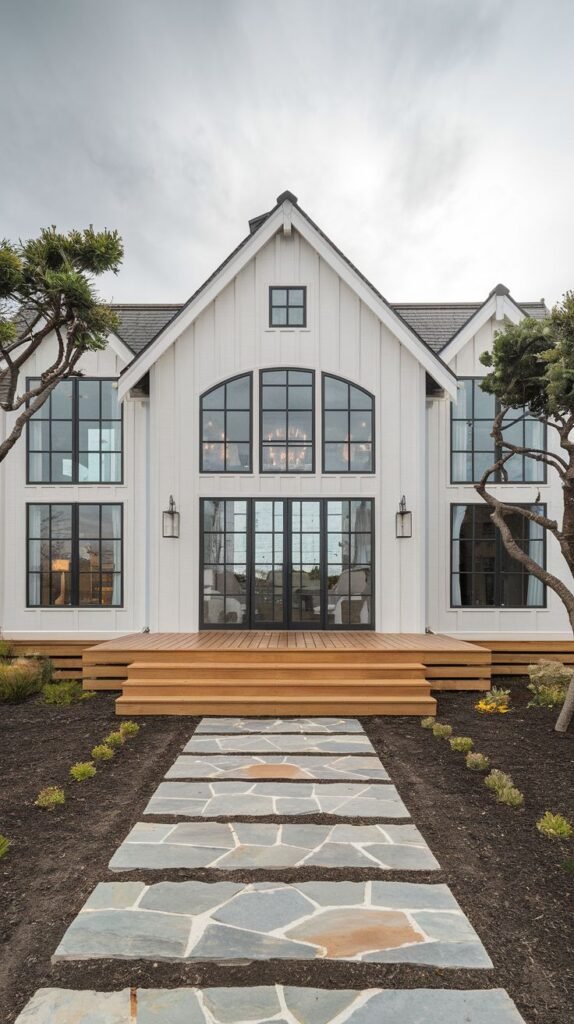 Symmetrical white facade with a central gable highlighted by a large arched window. A wide, tiered wood entry deck is accessed by a rustic walkway composed of large, irregular flagstone pavers.
