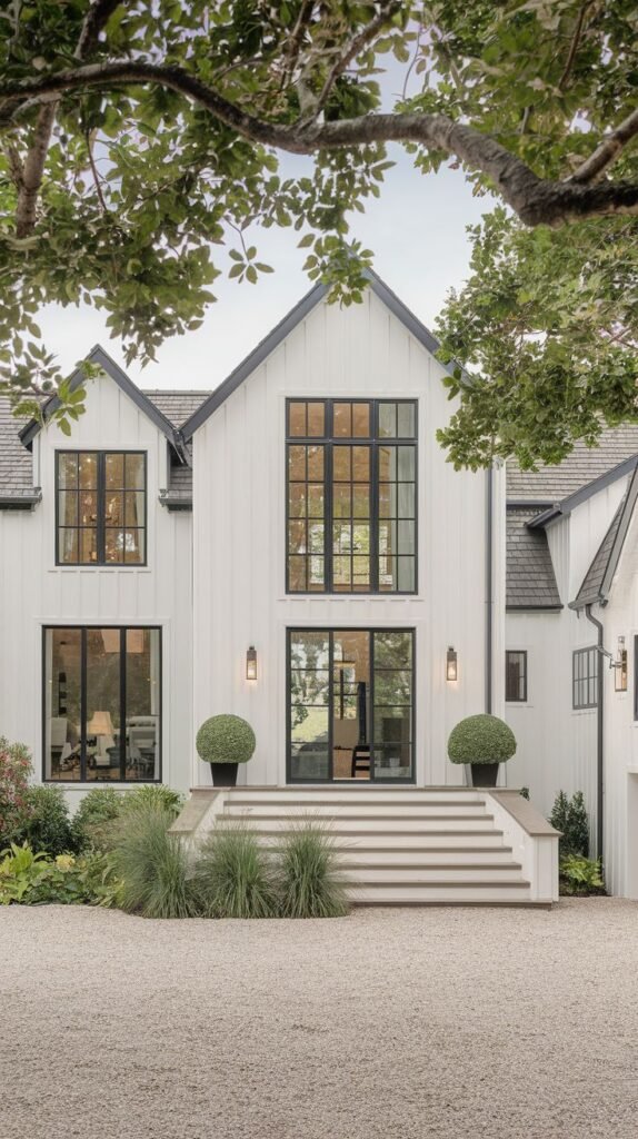 White modern farmhouse entrance featuring a center entry defined by wide, tiered steps leading up from a gravel driveway. The steps frame a tall glass entry door, flanked by topiaries and black-framed windows.