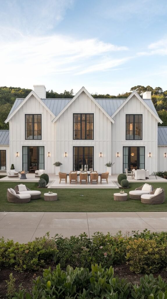 Rear exterior view of a large white farmhouse defined by three prominent gables. The lower level opens onto a spacious paved patio furnished with outdoor dining and lounge furniture, set against a manicured lawn.