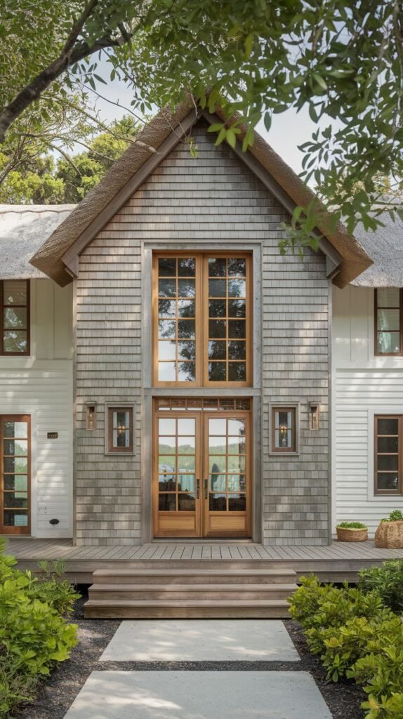 Front facade showcasing a blend of white siding and weathered gray wood shingle siding in the central gable under a textured roof. The entry includes double wood-framed glass doors and a wood deck with tiered steps.