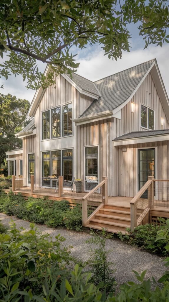 Two-story house clad in natural, light-toned vertical wood siding with a gray shingle roof. Features extensive wooden decking and a staircase with cable railings, accessed via a wide gravel path.
