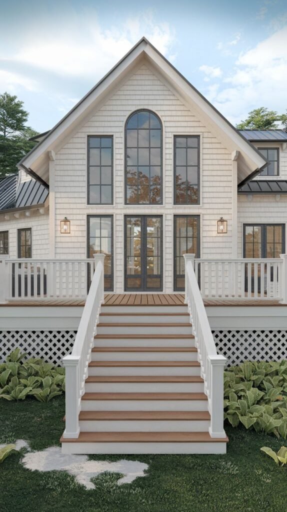 White shingle-sided farmhouse with a dark roof and a central gable featuring an arch-top window and black-framed doors. A large entry deck features traditional white railings and a grand staircase.