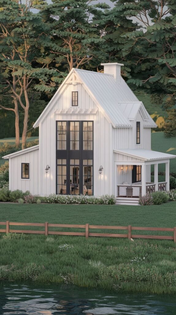 Tall, narrow white farmhouse silhouette with a white metal roof and a prominent two-story black-framed window wall. A smaller covered porch with black posts extends to the side, overlooking a field and pond.