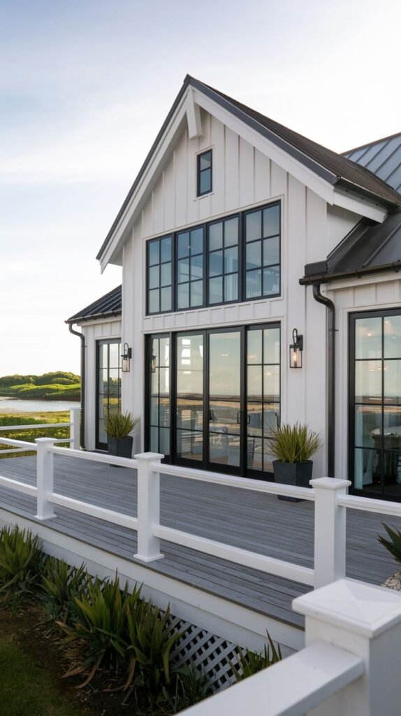 White coastal farmhouse with a dark metal roof and black-framed windows. A weathered gray wood deck runs along the facade, featuring classic white wood railings.