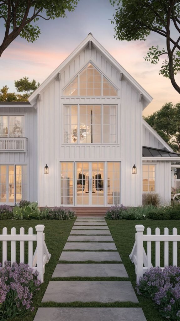 Symmetrical front facade of a two-story white farmhouse featuring a large, multi-paned glass entrance and a white picket fence. A concrete paver walkway leads up to the illuminated entryway at dusk.