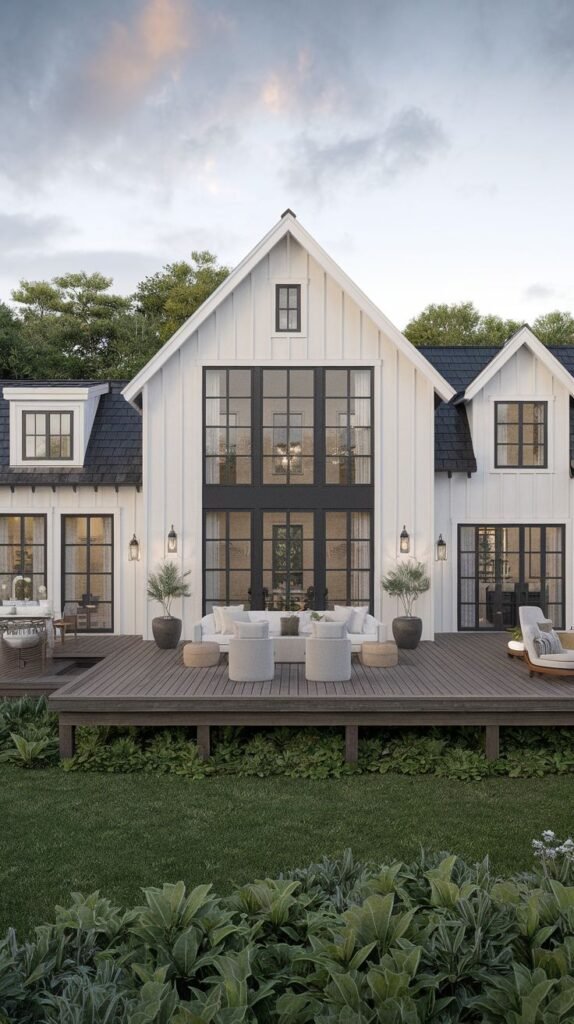 Rear view of a large white farmhouse with a dark roof and three gables. A wide, dark-toned wood deck extends from the main living area, centered on the massive glass doors of the central gable.
