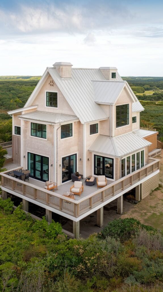 Elevated, light-colored wood shingle-sided coastal house with a white metal roof, set high on pilings amidst lush green foliage. The house features an extensive wrap-around deck with wood railing.