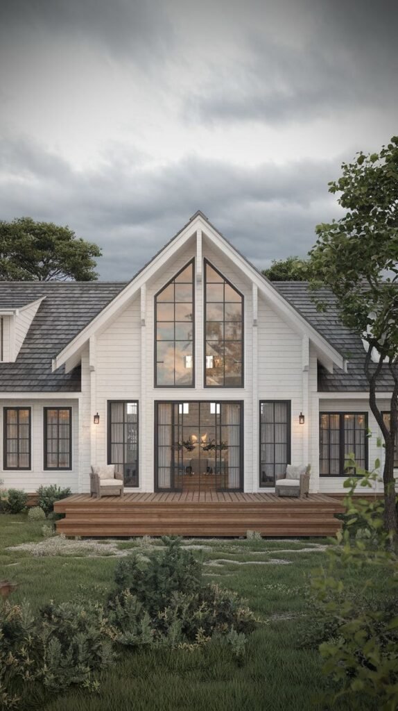 Symmetrical white farmhouse facade with a dark gray shingle roof. The center is dominated by a tall, glazed gable opening onto a low wooden deck with steps leading to a naturalized garden area.