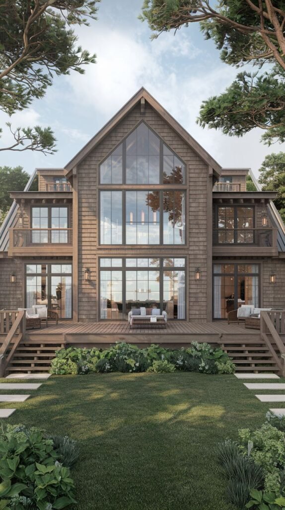 Large two-story house clad in rich brown wooden shingles/siding. The massive central gable features a floor-to-ceiling glass facade, flanked by second-story balconies and extensive multi-level decking.