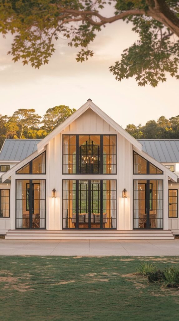 Symmetrical white farmhouse structure with a light metal roof. The central gable features a towering glass facade, flanked by adjacent gables with large black-framed windows and doors opening onto a ground-level patio.