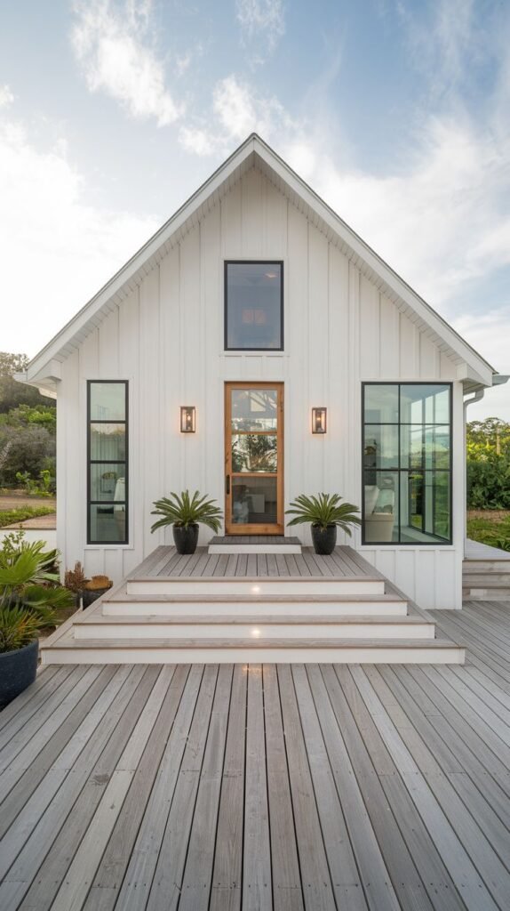 Close-up of a small, gabled entry section of a white house with wide tiered steps leading from a broad, weathered gray wood deck. Features a glass-paned wood entry door and black-framed windows, flanked by potted plants.