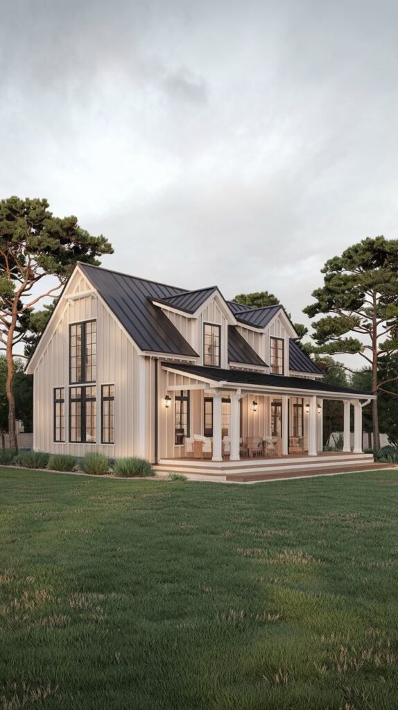 Wide view of a classic white farmhouse featuring a wide wrap-around porch supported by white columns. The house has a black metal roof and multiple dormers, overlooking a vast lawn.