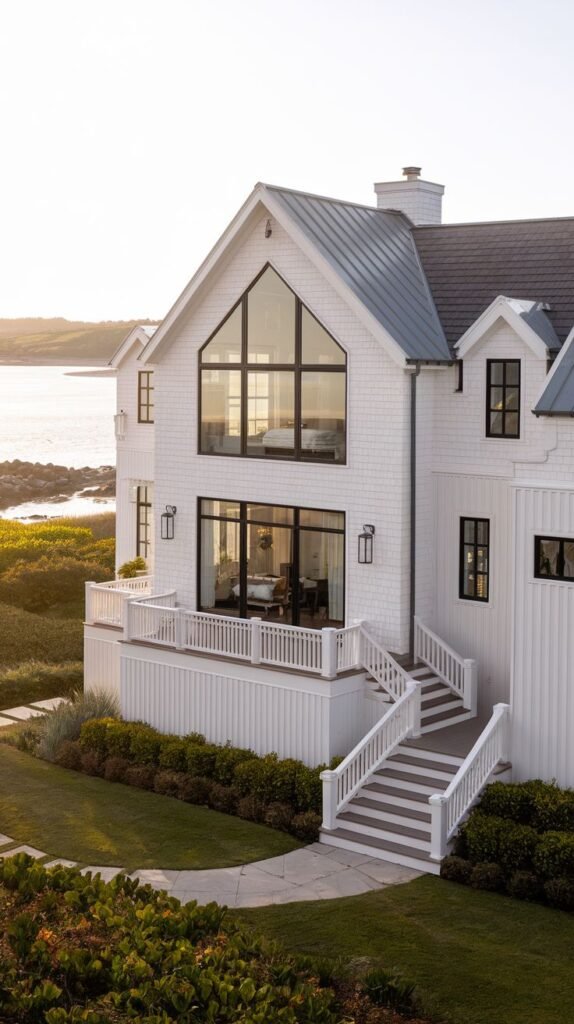 White coastal home with mixed shingle and vertical siding overlooking a rocky inlet. An elevated deck features white railings and a multi-tiered staircase combining white and gray steps, bathed in sunset lighting.
