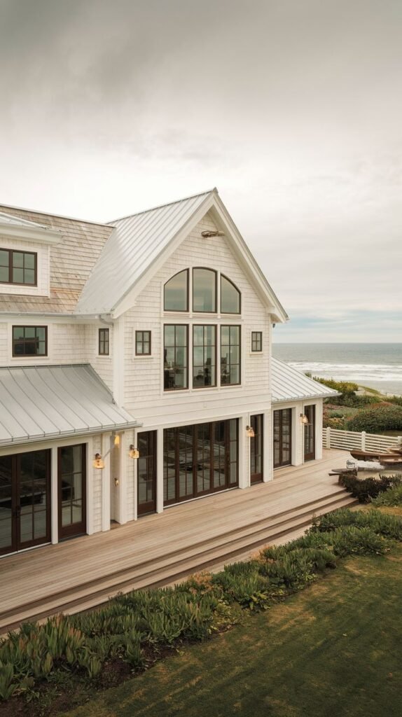 White coastal house with shingle siding and mixed metal and shingle roofing overlooking the ocean. The facade features a prominent arched window in the gable and a large multi-level wood deck.