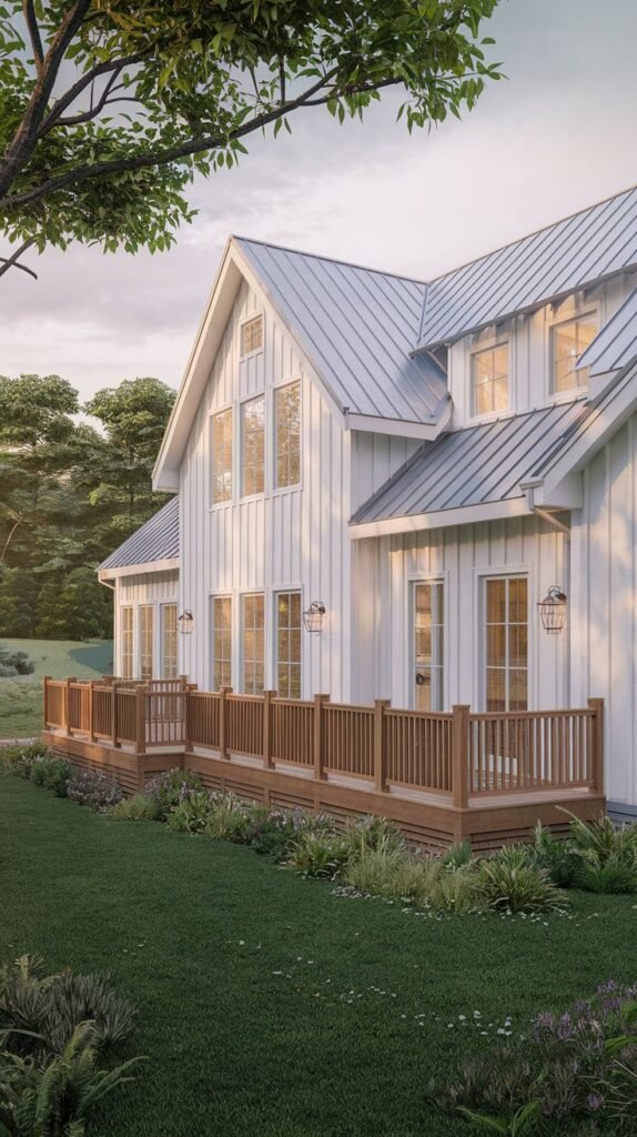 Side view of a white farmhouse with a metal roof and shed dormers. A long, elevated wooden deck with warm-toned wood railings extends along the side, set within a lush, grassy landscape.