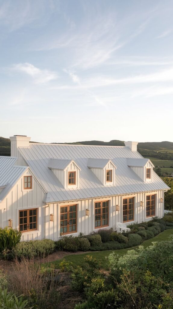Low-profile white farmhouse with a light metal roof and three symmetrical dormers. The long facade features multiple windows framed in natural wood tones, set against a rolling green hillside.