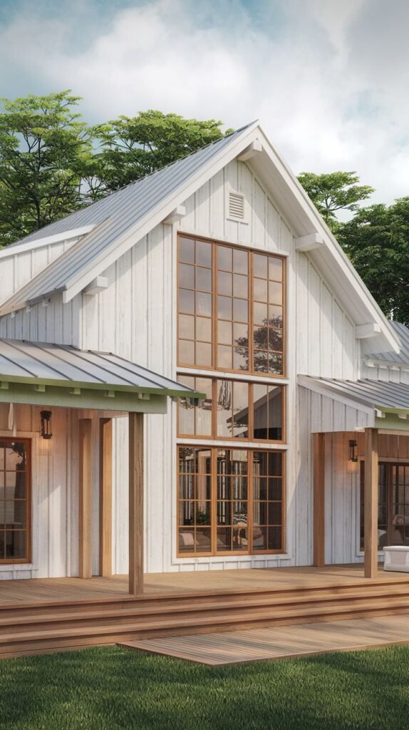 White barn-style facade with a dramatic two-story window grid featuring warm brown wood framing. The central section is flanked by covered porches with shed roofs and natural wood support columns.