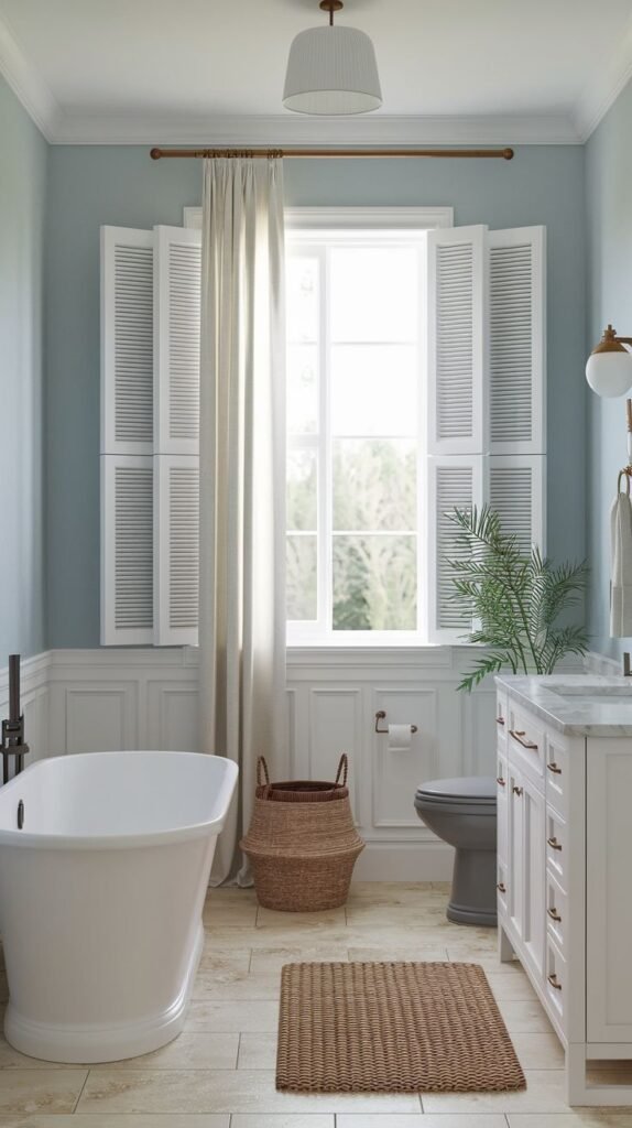 Coastal bathroom with dusty blue walls, white traditional wainscoting, a freestanding white tub, white louvered window shutters, and a woven rug.