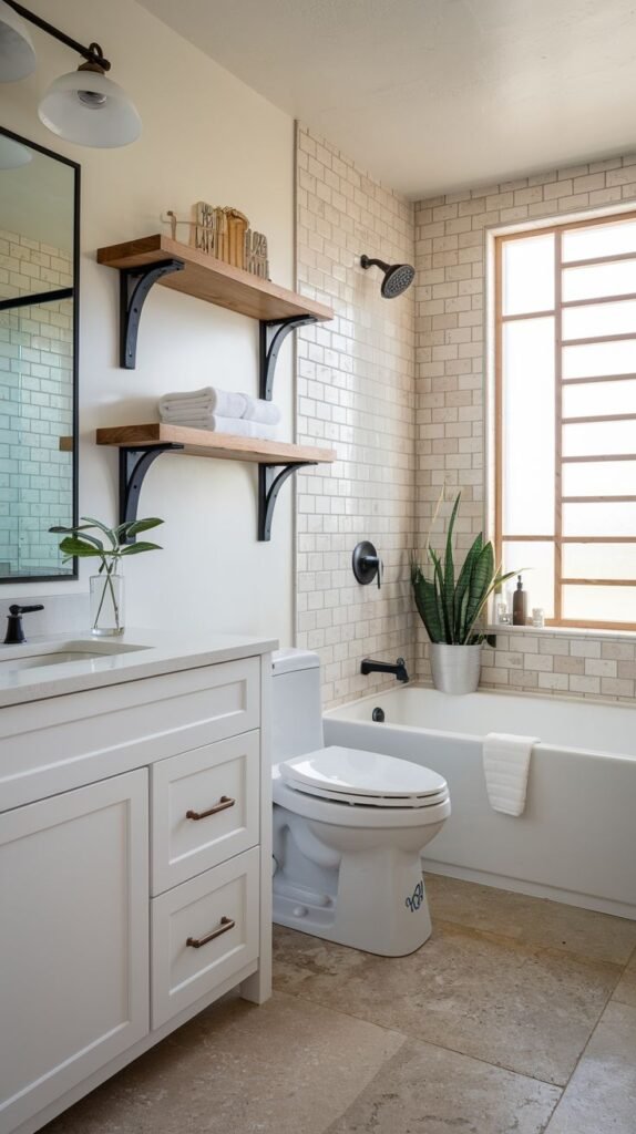 Modern farmhouse bathroom with white vanity, pale subway tile wall, white tub, and two rustic wood floating shelves supported by black industrial brackets.