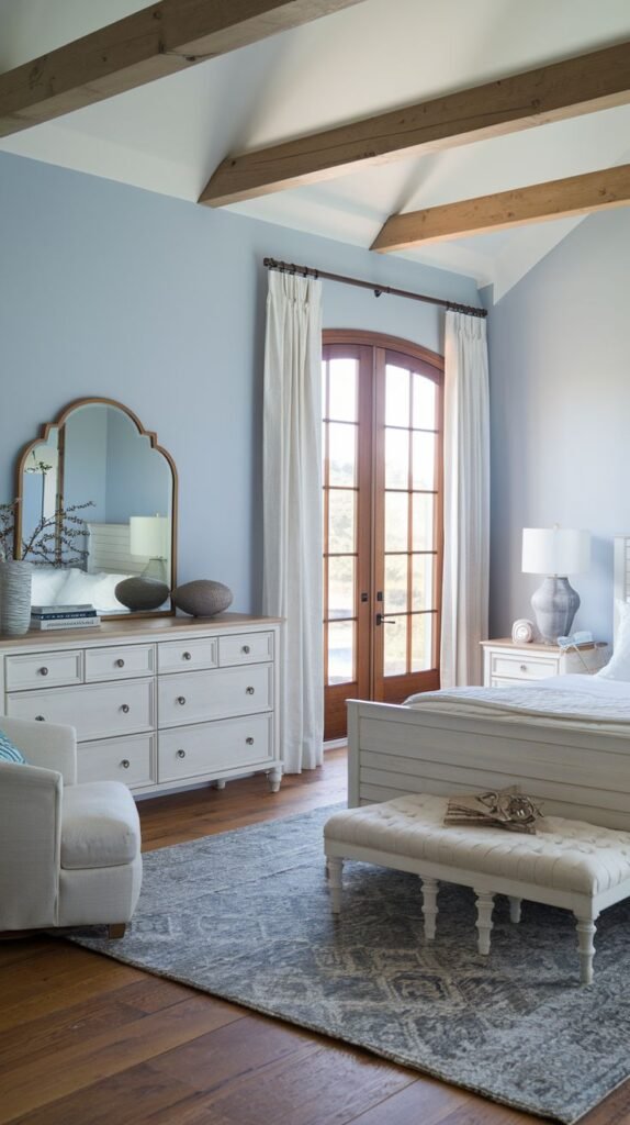 Blue and white bedroom featuring a vaulted ceiling with exposed wood beams, a white dresser with a gold mirror, and arched wood French doors.
