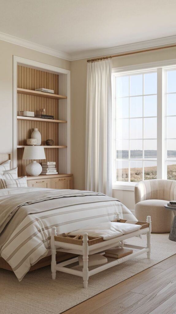 Neutral bedroom featuring built-in shelving units with light wood backing and shelves flanking the bed, subtle striped bedding, and a large picture window.