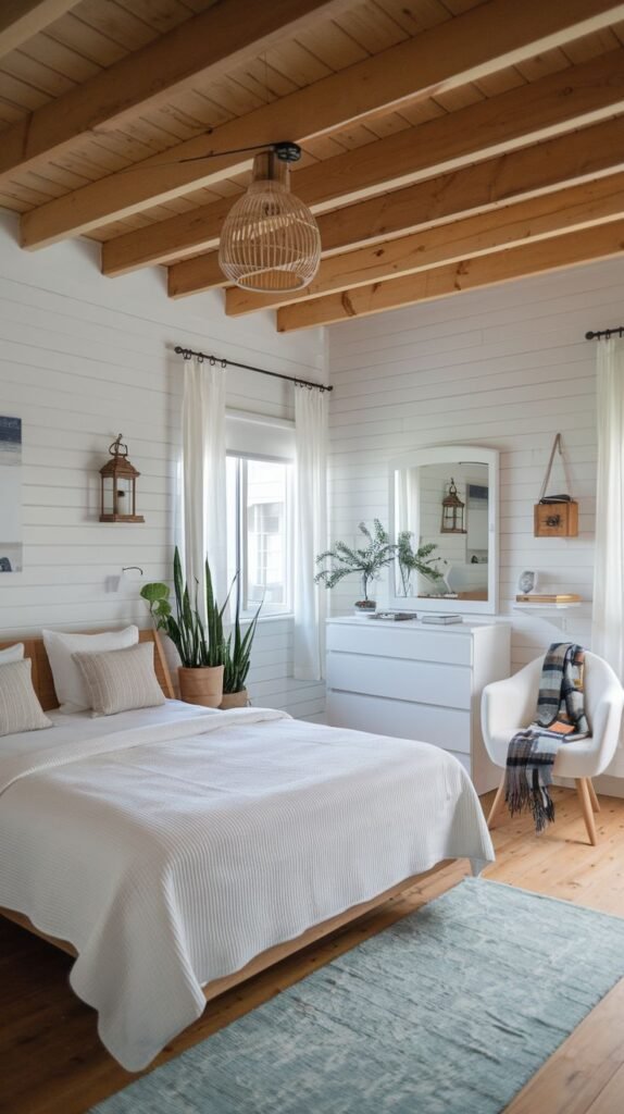 Bedroom with white horizontal shiplap walls, a wood plank ceiling with exposed beams, a light wood bed, and a large woven rattan pendant light fixture.