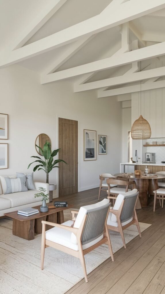 Open concept living space defined by high white exposed truss beams, light wood floors, a neutral sofa, and a woven basket pendant light over the adjacent dining area.