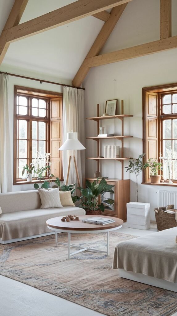 Rustic living room featuring vaulted natural wood ceiling beams, neutral slipcovered sofas, and dark-framed windows with deep, exposed natural wood surrounds.