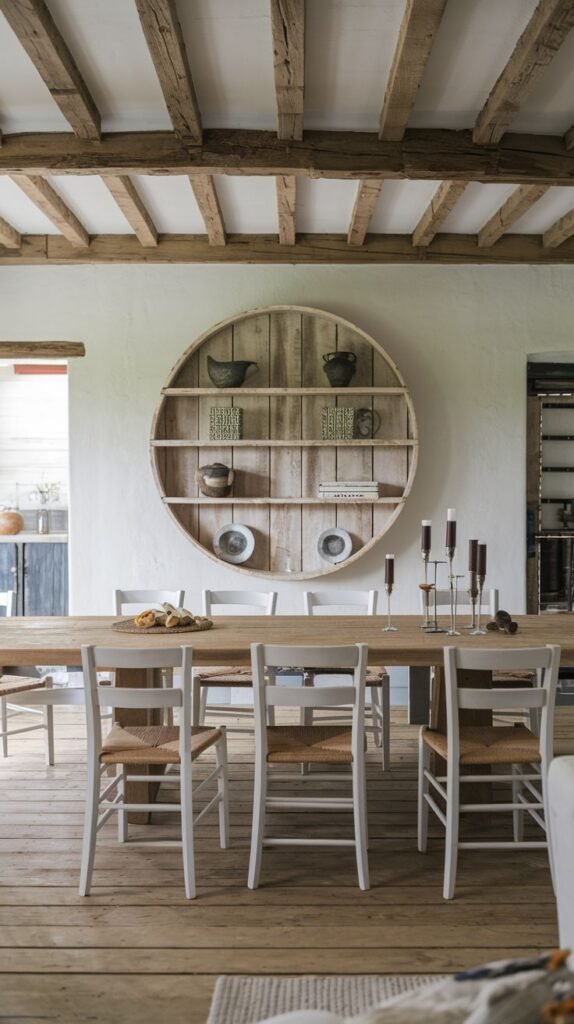 Dining area featuring closely set rough-hewn exposed wood ceiling beams, a long wooden table, and a large circular open wooden shelving unit on the wall.