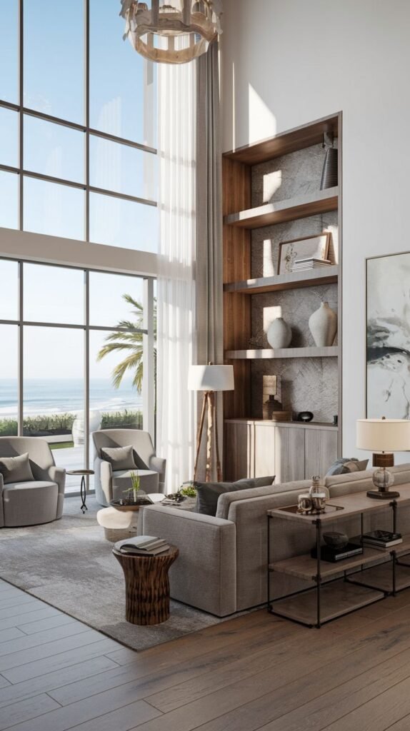 Modern coastal living room with a two-story window providing an ocean view, gray seating, and a built-in floor-to-ceiling wood shelving unit.