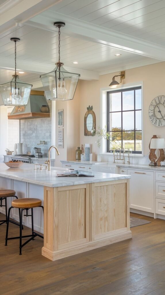Farmhouse kitchen with white cabinetry, a light natural wood paneling base for the island, white marble countertop, and large clear glass pendant lights.