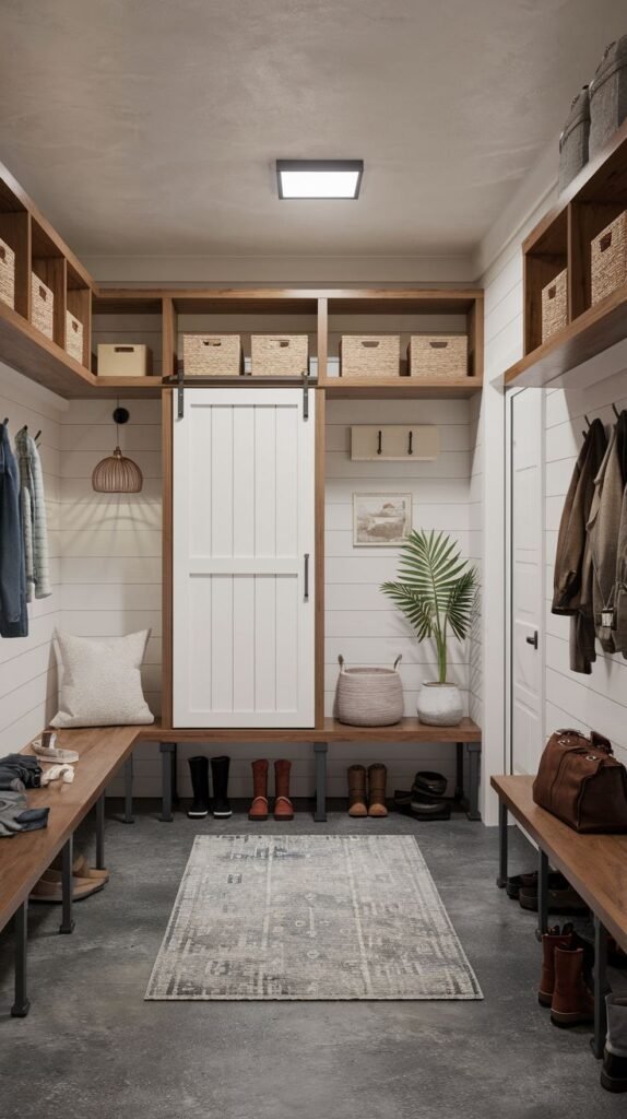 Farmhouse mudroom with white shiplap walls, wood benches, overhead cubbies filled with woven baskets, and a central white sliding barn door.