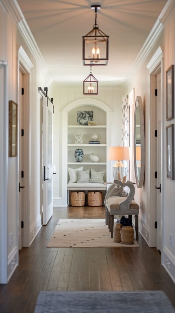 Hallway featuring white vertical paneling, dark wood floor, black lantern pendants, an arched built-in bench/shelf niche, and a sliding door with black barn hardware.
