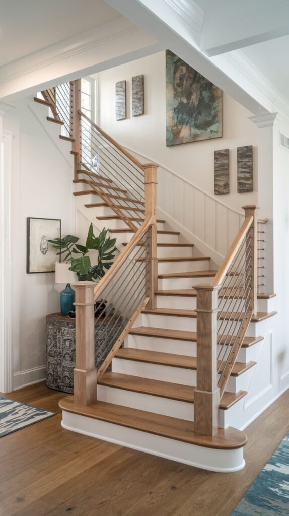 Staircase with modern light wood handrails, white risers, and contemporary horizontal stainless steel cable railings, with abstract coastal artwork on the walls.