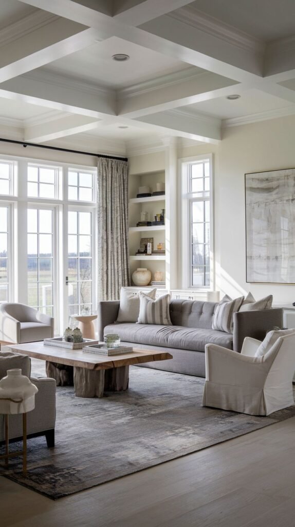 Formal living room with a detailed white coffered ceiling, a large gray sofa, and a substantial, raw wood coffee table with a textured base.