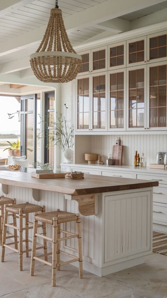 Bright white kitchen with shiplap ceiling/walls, a wood-topped island, woven rush bar stools, and a large natural wooden beaded chandelier.