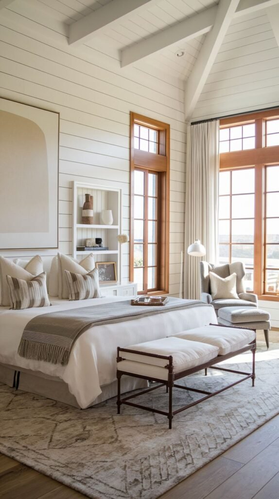 Master bedroom with a vaulted white shiplap ceiling, expansive windows framed in warm, rich wood, and a small white built-in shelving niche next to the bed.