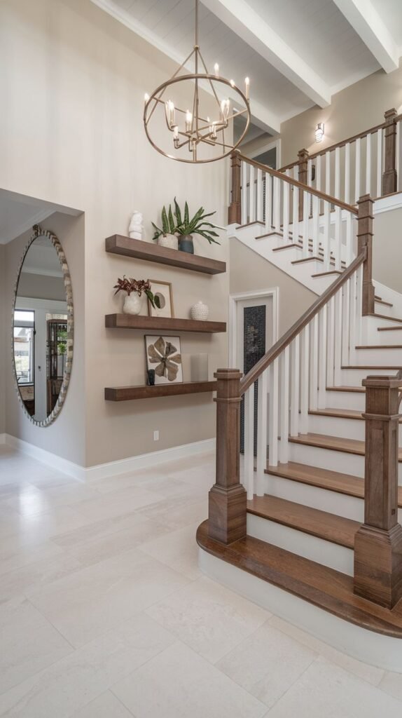 Grand entryway with a light tile floor, dark wood staircase treads, white balusters, floating wood shelves, a large circular mirror, and a brass chandelier.