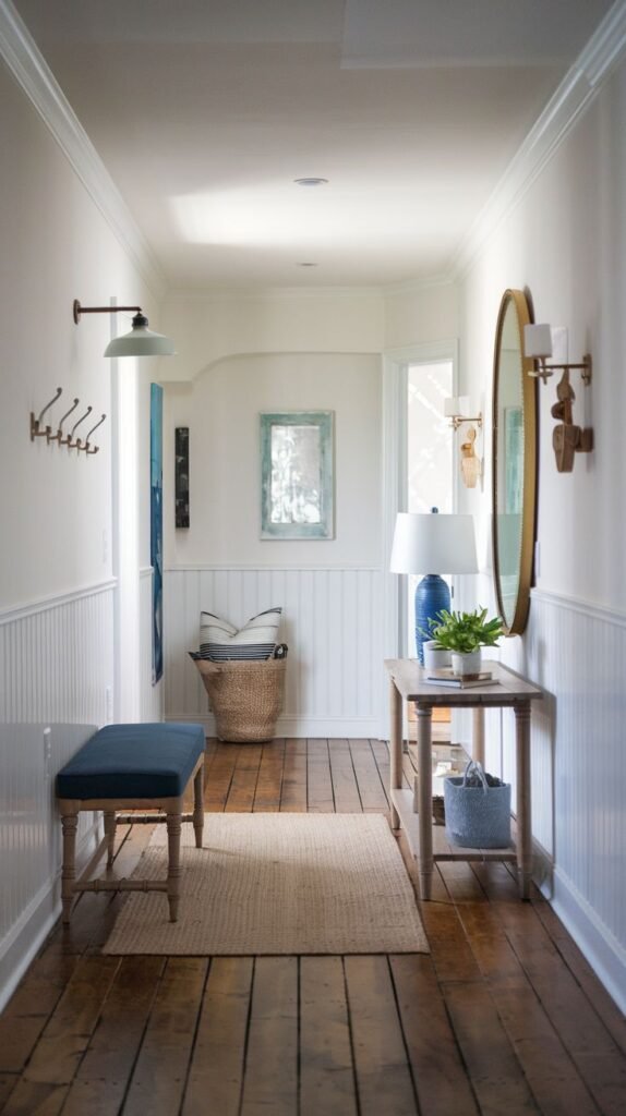 Hallway with rustic dark wood plank flooring, white wainscoting, a navy blue upholstered bench, a light wood console table, and a large round gold mirror.
