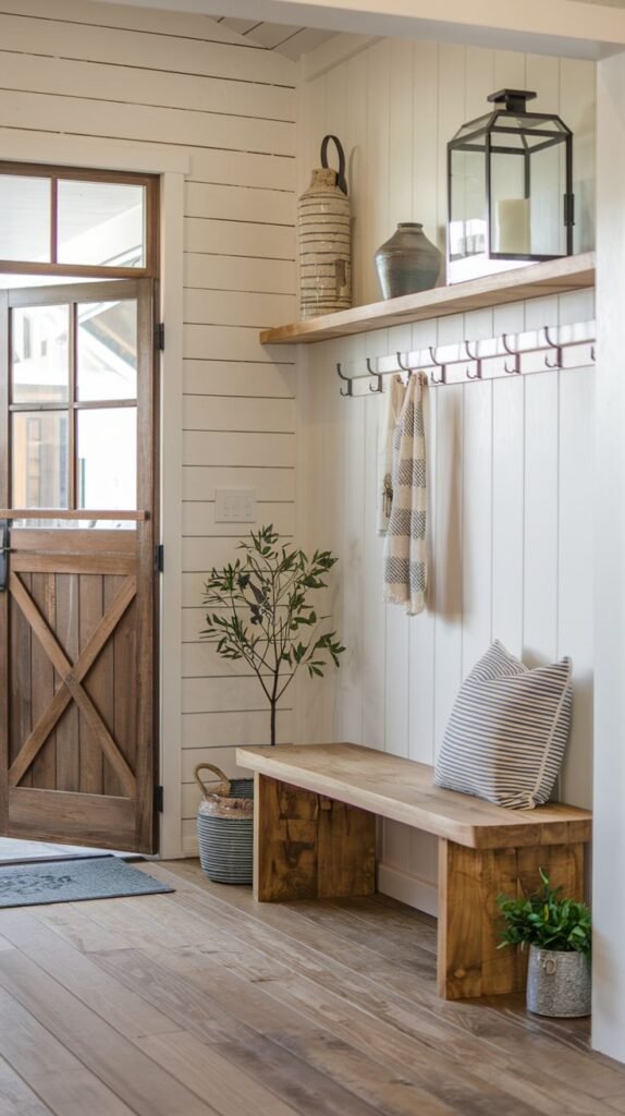 Entry space with white shiplap and beadboard walls, a large rustic wood slab bench, a shelf with a black lantern, and a wood X-braced door.