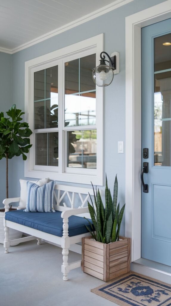Exterior porch featuring pale blue siding, white trim, a light blue front door, a white slatted bench with a navy cushion, and a snake plant in a wooden planter box.