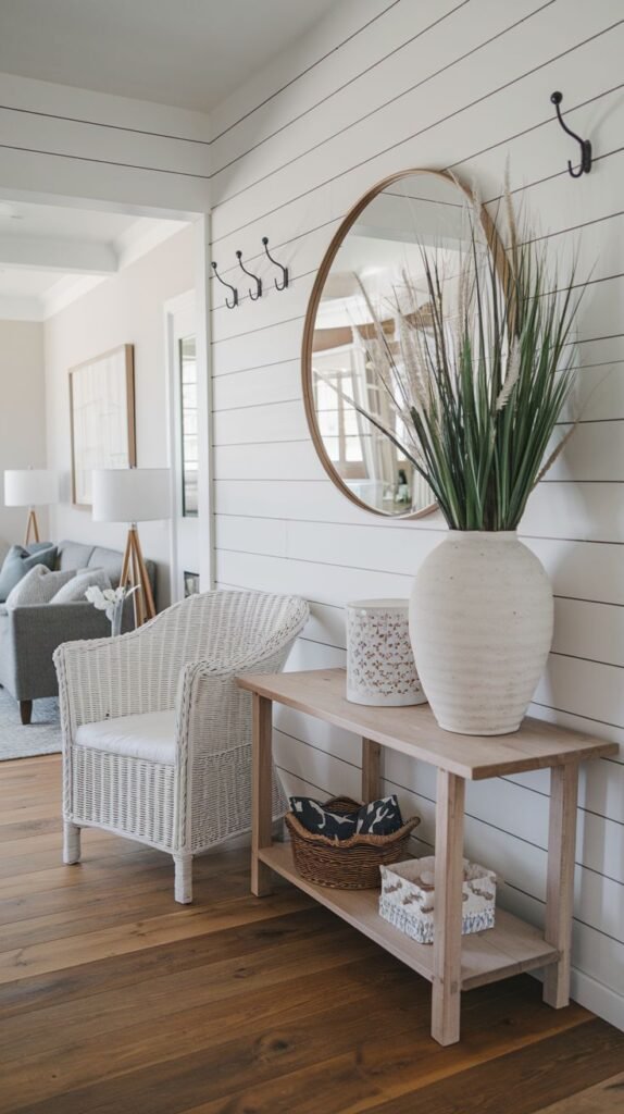 Entry area with horizontal white shiplap, warm wood floors, a white woven rattan chair, a light wood console table, and a large round wood-framed mirror.
