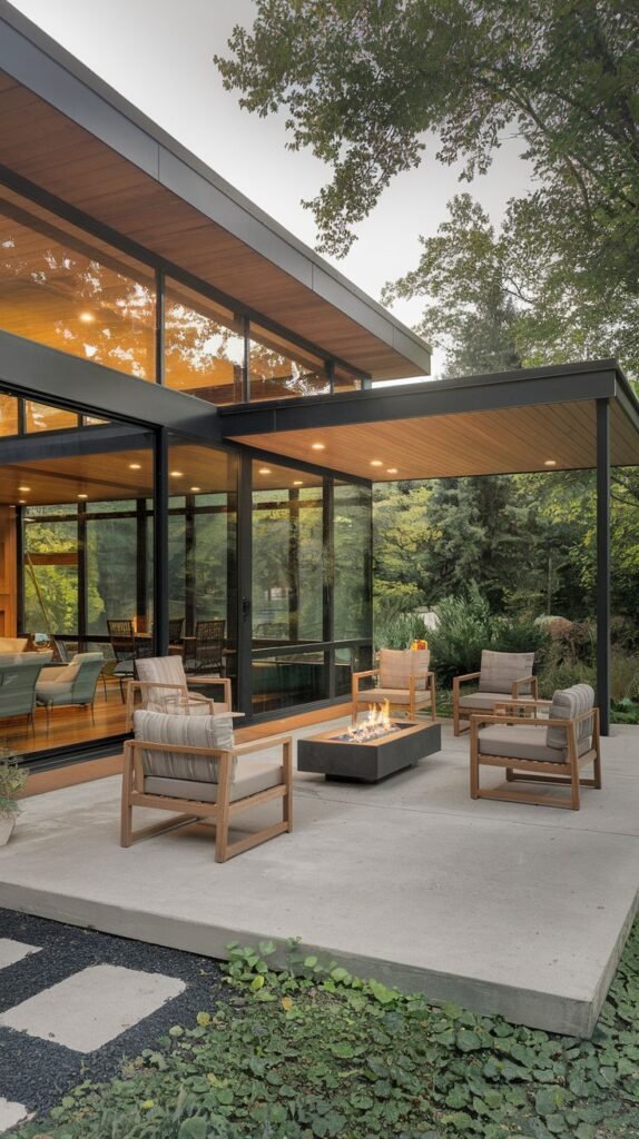 Modern covered patio with wood soffit ceiling, black structural frame, concrete floor, and central fire pit surrounded by four outdoor lounge chairs, adjacent to a glass-walled house.