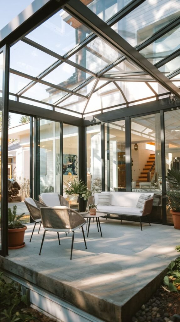 Covered patio featuring a steep pitched glass roof supported by a black metal grid structure over a concrete floor and modern woven furniture.