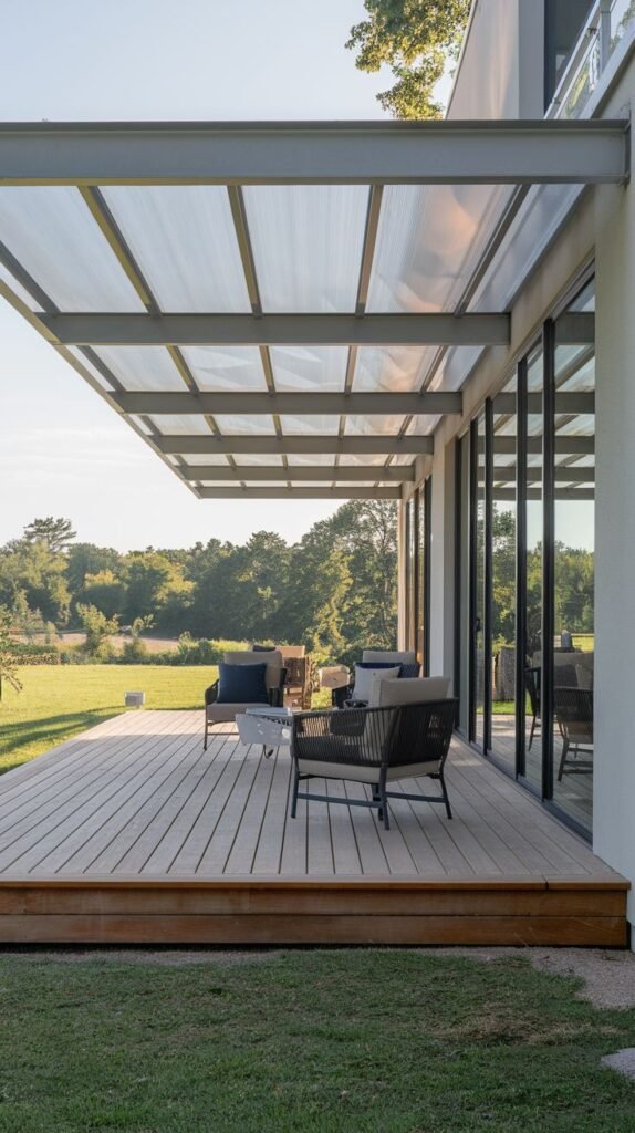 Modern outdoor deck with translucent corrugated roof supported by grey steel I-beams, featuring wide wood decking and contemporary rope furniture.