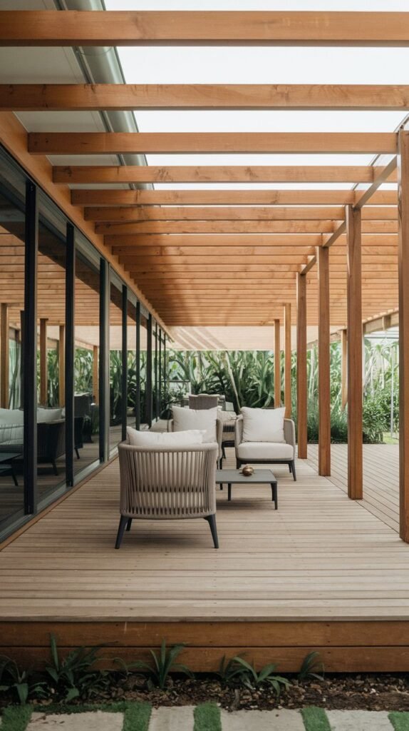 Covered wooden deck featuring an extensive wooden pergola with light-filtering panels overhead, situated next to a full glass wall of the house.