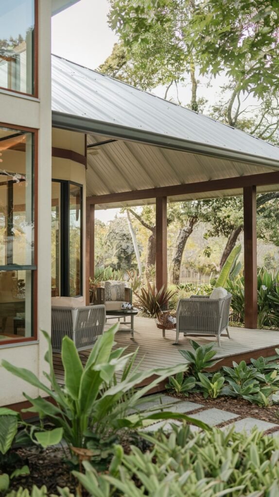 Elevated wooden deck covered by a pitched metal roof supported by heavy dark wood columns, nestled in a tropical garden setting.
