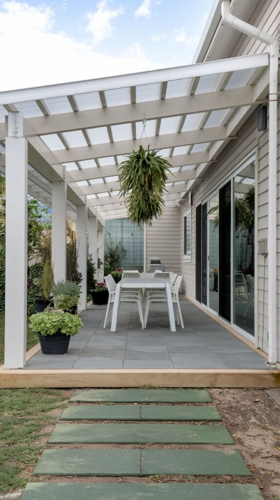 Outdoor dining area under a white slatted pergola with translucent panels, featuring grey tile flooring and a white dining set.